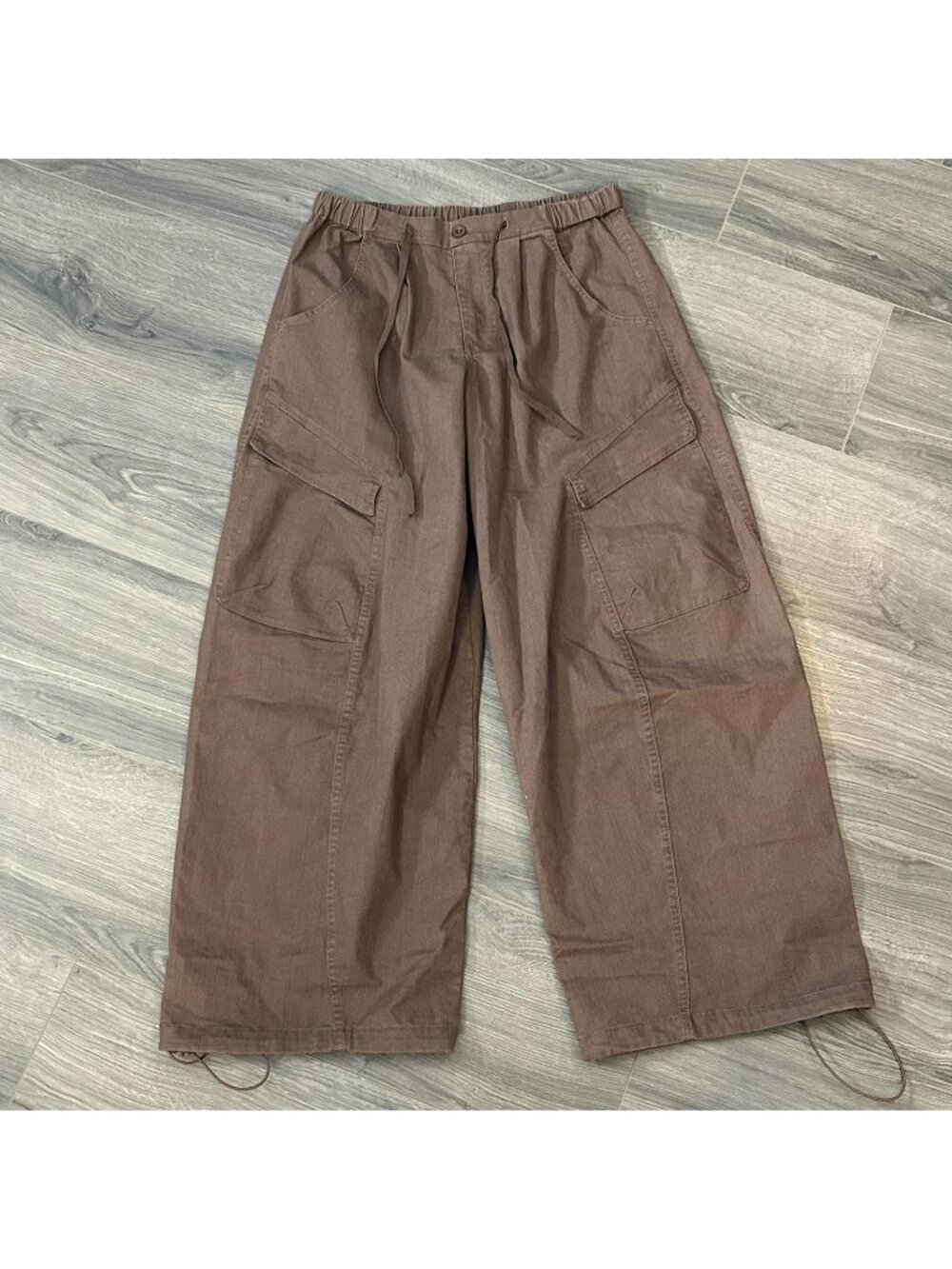 Millibon Pants Women S Brown Cargo Wide Leg Twill Drawstring Elastic Waist Baggy